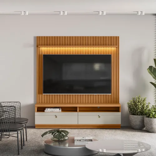 Rack con Panel Ouro Preto Listones de madera y Led 180cm MDF/MDP - Muebles para TV, Uruguay | Balton