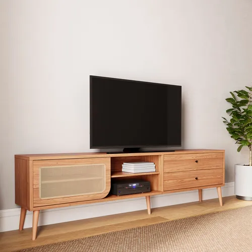 Rack Tv Madrid Ratan Sintetico 220CM 100% MDF C/ 2 Cajones en Madera natural - Muebles para TV, Uruguay | Balton