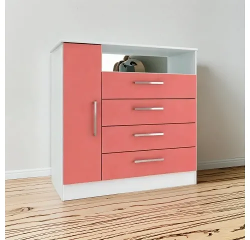 Comoda 1P 4C R. metalicos Bco/Rosa - Cómodas, Uruguay | Que Sal Muebleria