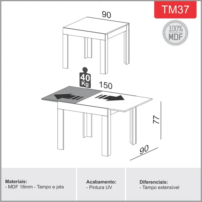 Mesa de Comedor Extensible 90CM - Linea Sofia 100% MDF en Madera natural - Mesas de comedor, Uruguay | Balton, vista 4