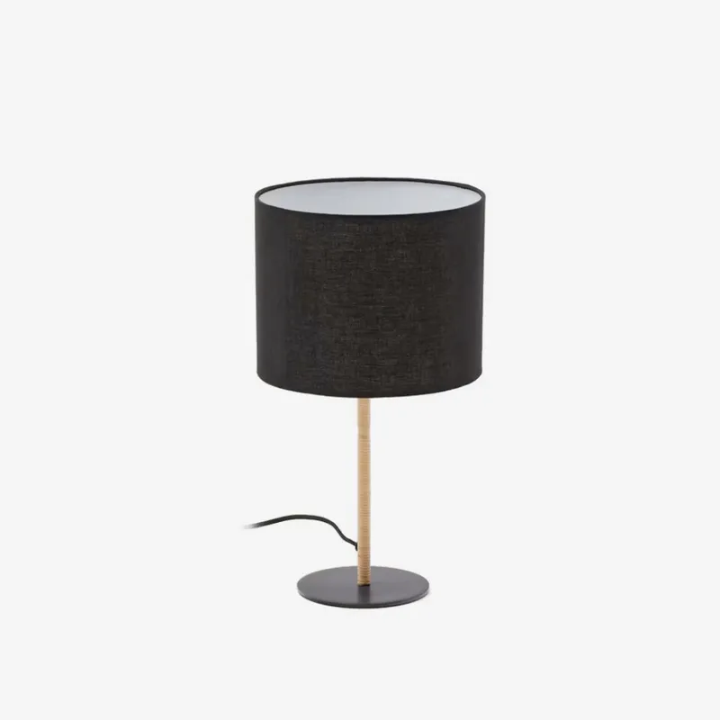 Lámpara de mesa Pina de metal y ratán con pantalla de algodón negro en Madera natural - Lámparas de mesa, Uruguay | Kavehome