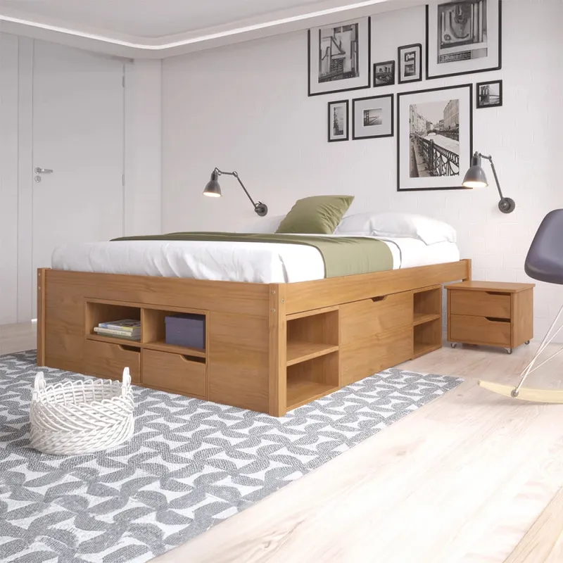 Cama Madera Maciza Con Cajones - 2 plazas - Natural - Dormitorio, Uruguay | Ecowood