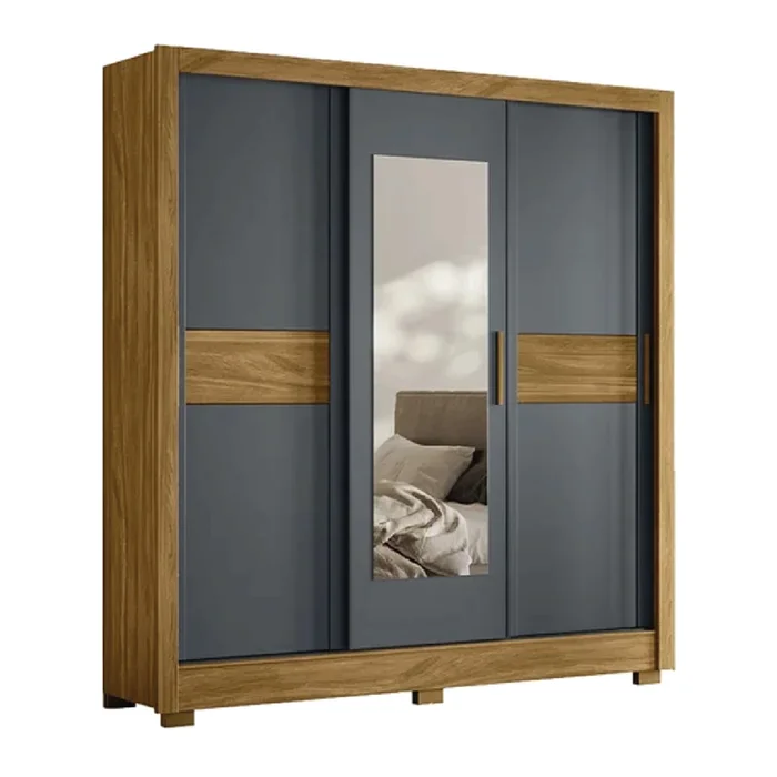 Ropero 3 Puertas Corredizas 2 Cajones Con Espejo Mdp en Freijó / Gris - Roperos y placares, Uruguay | Muebles Express