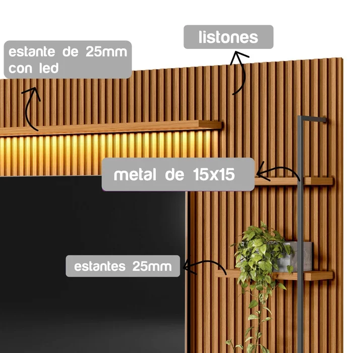 Rack con Panel Ouro Listones de madera y Led 268cm MDF/MDP en Madera natural - Muebles para TV, Uruguay | Balton, vista 6