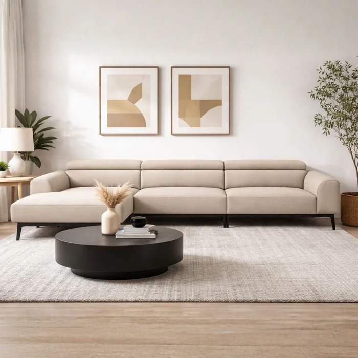 Sofá con chaise DUNA TELA BEIGE IZQUIERDO en Beige - Sillones y sofás, Uruguay | Viasono