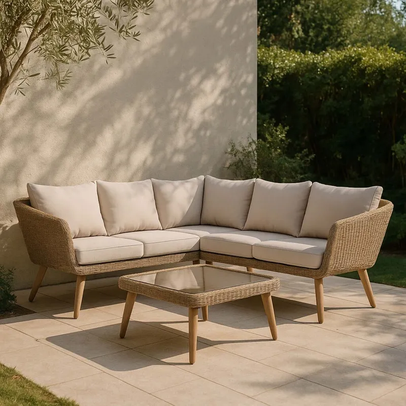 Set Esquinero Exterior Rattan-y-madera Natural-beige Toulouse en Madera natural - Muebles para el exterior, Uruguay | Divino