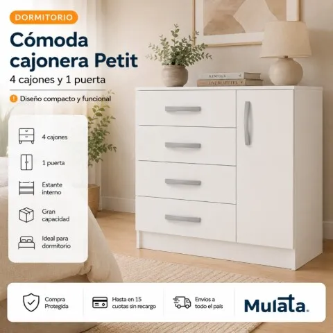 Comoda Cajonera Petit para Dormitorio de 4 Cajones 1 Puerta - FE - Blanco en Blanco - Cómodas, Uruguay | Mulata