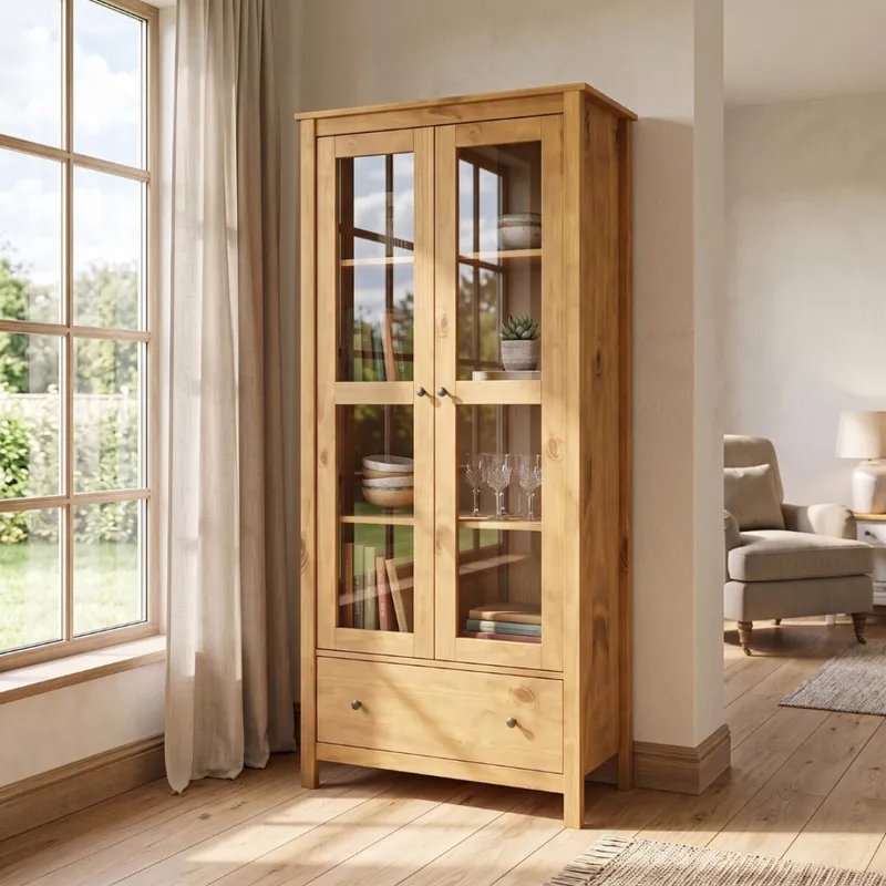 Cristalero 2 Puertas 1 Cajón Material Natural - Mari - Miel en Madera natural - Aparadores y recibidores, Uruguay | Rústico Hogar