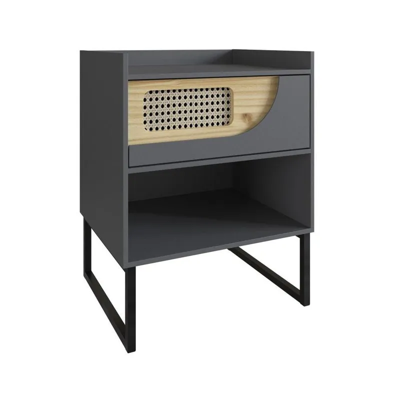 Mesa de Luz un cajon Grafito detalle Madera clara y rattan en Gris - Mesas de luz, Uruguay | Champagne Home
