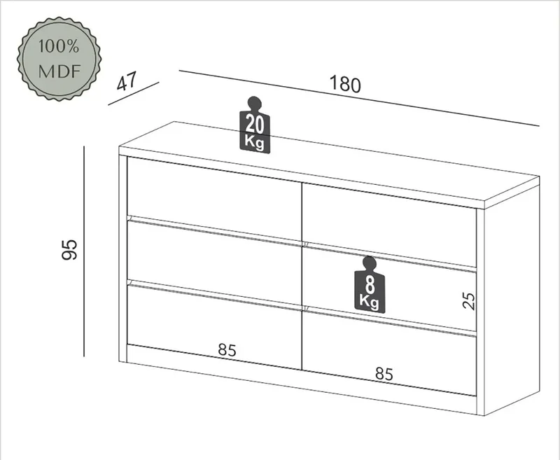 Comoda Mela 180CM 6 Cajones 100% MDF en Madera natural - Cómodas, Uruguay | Balton, vista 3