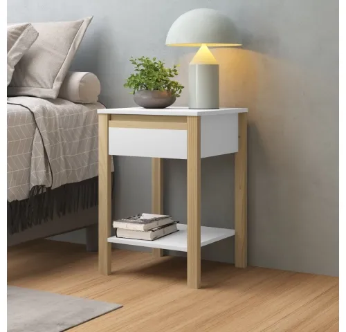 Mesa de luz Combinado madera 1Cajon Blanco/miel - Mesas de luz, Uruguay | Que Sal Muebleria