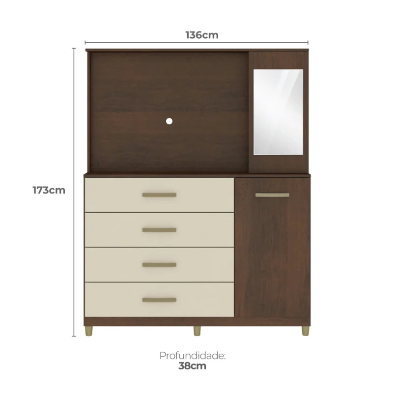 Comoda Cajonera Rack TV de 4 cajones 1 puerta 1 Botiquín con Espejo y Estantes para Dormitorio o Living - FE - R/Champan en Multicolor - Cómodas, Uruguay | Mulata, vista 3