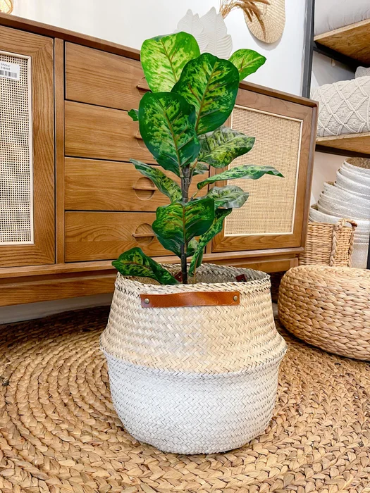Canasto Natural con Asa de Cuero Corta con Blanco en Madera natural - Canastos, Uruguay | Indrana