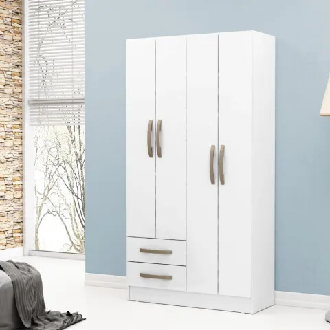 Ropero Blanco 4 puertas 2 cajones con estantes y perchero 172x90x35 cm Interior Natural en Blanco - Roperos y placares, Uruguay | Mulata