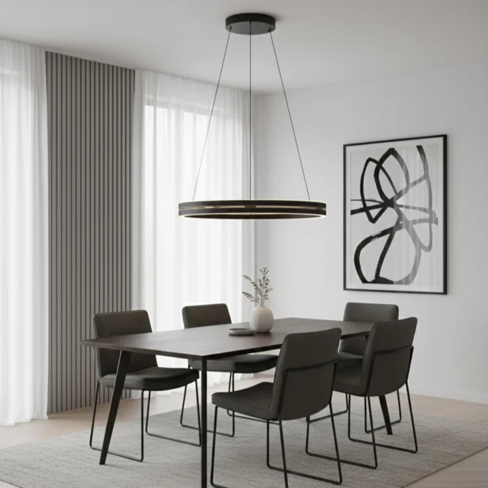 Colgante led anillo motorizado 44w 70cm a control remoto con varias funciones, Negro y madera en Negro - Lámparas colgantes, Uruguay | Iluminica