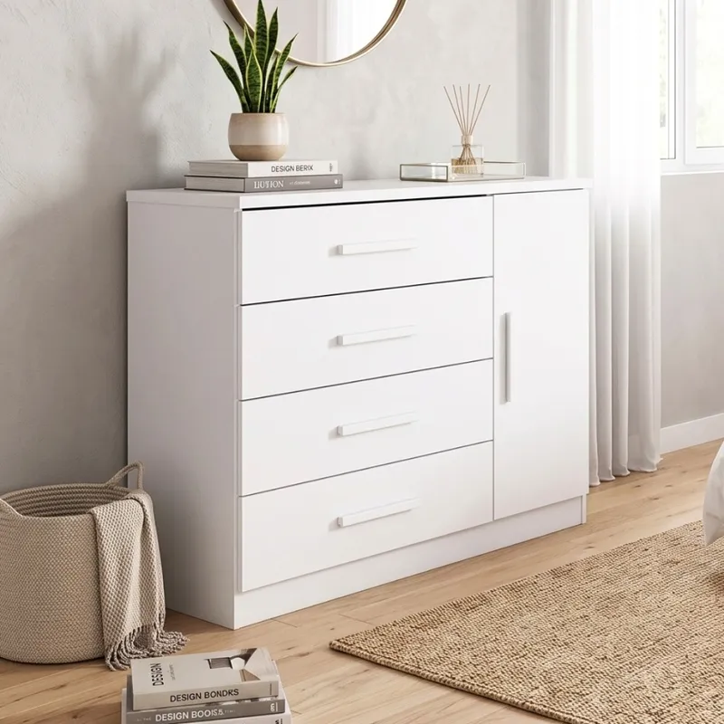 Cómoda Zapatera Genova Plus 1 Puerta 4 Cajones - Blanco en Blanco - Cómodas, Uruguay | Rústico Hogar