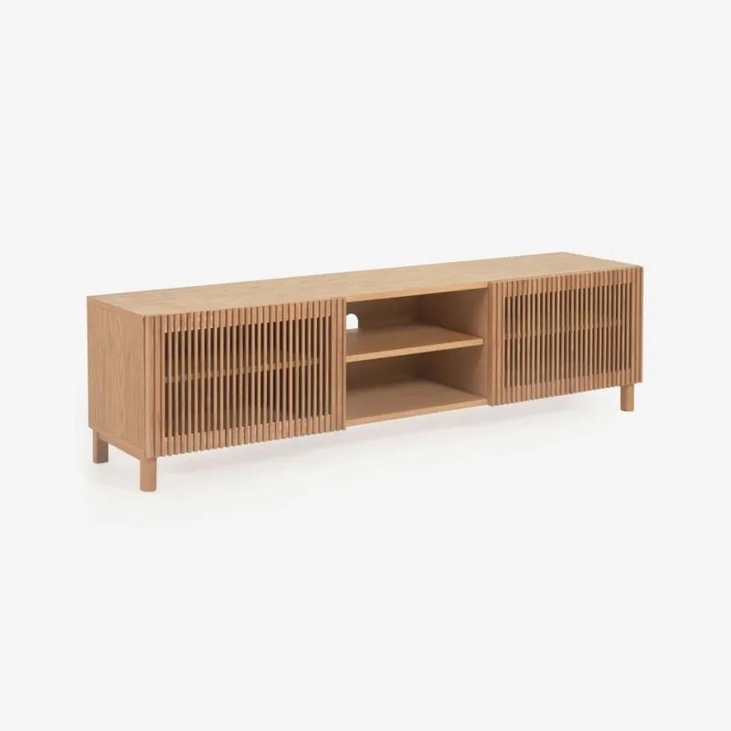 Mueble TV Beyla 2 puertas de madera maciza y chapa de roble 180x49,5 cm FSC 100% FSC 100% en Madera natural - Muebles para TV, Uruguay | Kavehome
