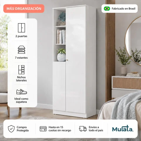 Multiuso Organizador Zapatera Lince 2 Puertas 7 Estantes con Nichos - Blanco en Blanco - Roperos y placares, Uruguay | Mulata