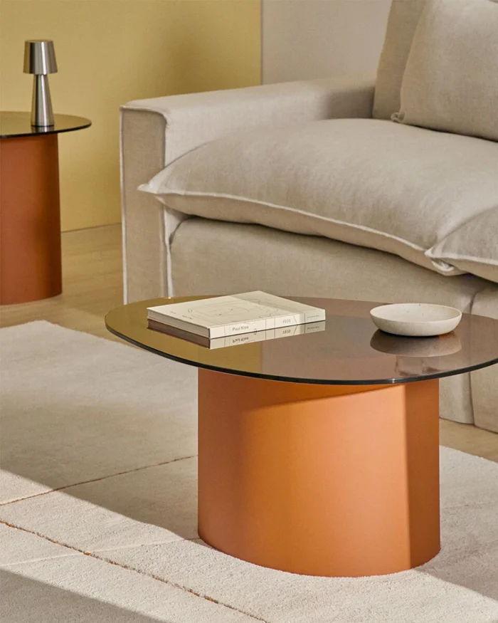 Mesa de centro Olir de vidrio templado y acero marrón 82 x 74 cm en Naranja - Mesas de living, Uruguay | Kavehome, vista 2