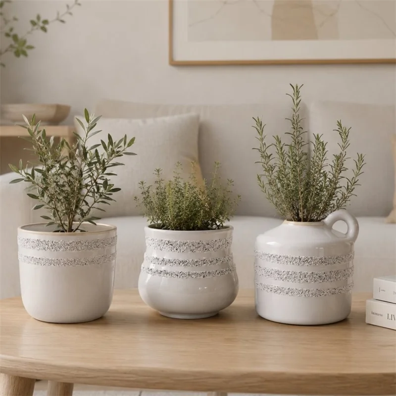 MACETA CERAMICA C/ASA ANILLOS 20X20X19CM BLANCO en Blanco - Macetas, Uruguay | Decohogar, vista 3
