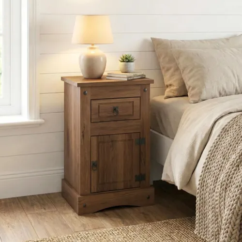 Mesa de luz 1 Cajon 1 puerta - Linea Mexicana - Ecommerce - Nogal en Marrón - Mesas de luz, Uruguay | Rústico Hogar