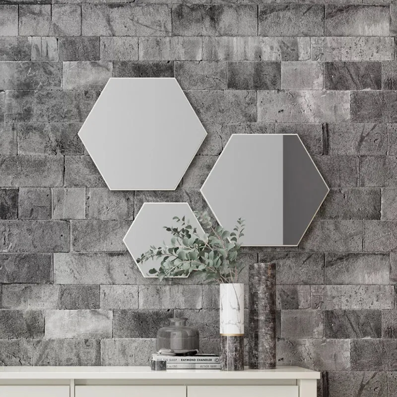 Kit de espejos decorativos hexagonales 60cm, 45cm y 30cm Bordes Blanco - Espejos, Uruguay | Balton