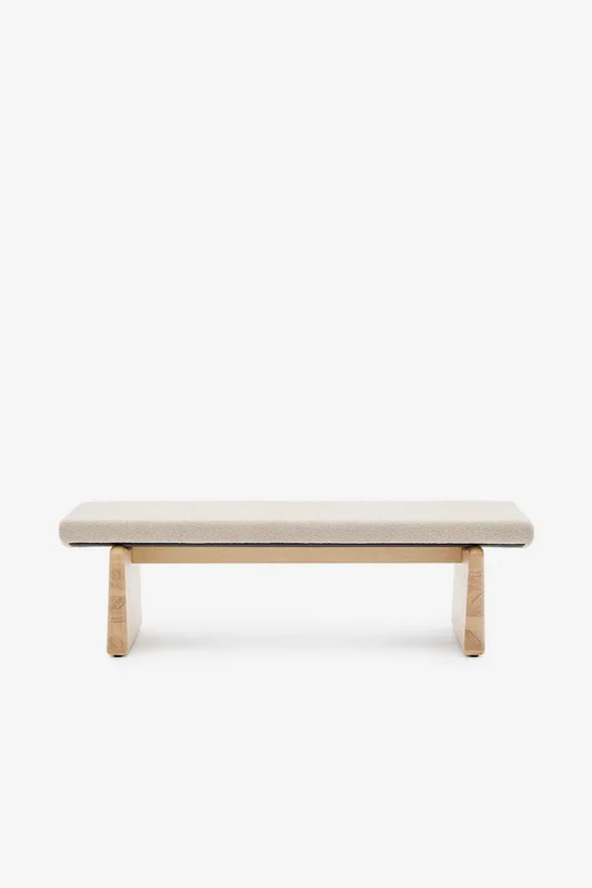 Banco Topaz de chenilla beige y madera maciza de fresno - con acabado natural 150cm FSC 100% en Beige - Butacas, banquetas y puffs, Uruguay | Kavehome, vista 7