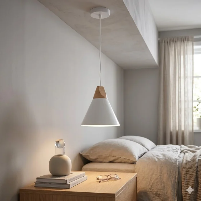 Campana de aluminio y madera cónica estilo nórdico - Blanca en Blanco - Lámparas colgantes, Uruguay | Iluminica, vista 3