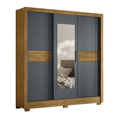 Ropero 3 Puertas Corredizas 2 Cajones Con Espejo Mdp en Freijó / Gris - Roperos y placares, Uruguay | Muebles Express