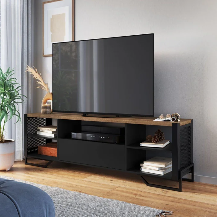 RACK TIPO INDUSTRIAL 183X57X40 1 CAJON NEGRO C/ TAPA MIEL en Multicolor - Muebles para TV, Uruguay | Champagne Home, vista 2