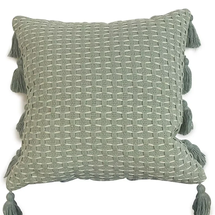 Almohadón Tejido con borlas - Celeste en Celeste - Textiles, Uruguay | Concetto Casa