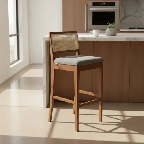 BANCO ALTO PARA BARRA - ESTERILLA - TAPIZADO TELA GRIS en Madera natural - Butacas, banquetas y puffs, Uruguay | Champagne Home