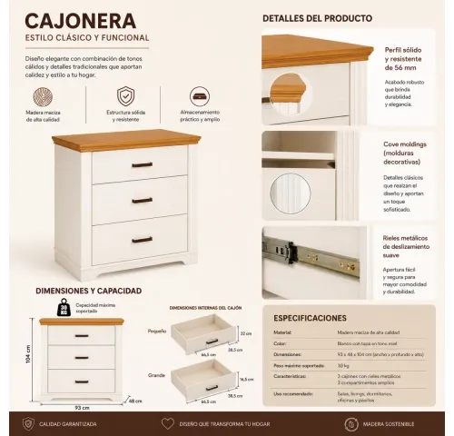 Comoda en madera maciza 3 cajones en Blanco - Cómodas, Uruguay | Que Sal Muebleria