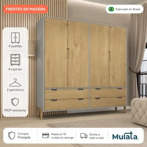 Ropero Armario de 4 Puertas, 2 Percheros y 4 Cajones en MDP - Madera - Línea Melilla - Cinza en Gris - Roperos y placares, Uruguay | Mulata