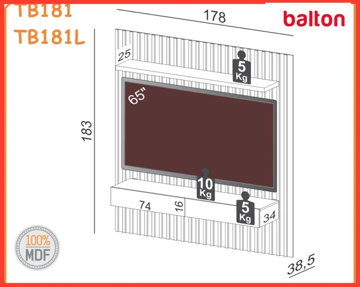 Panel TV con Listones Lara 180CM - 100% MDF en Madera natural - Muebles para TV, Uruguay | Balton, vista 4