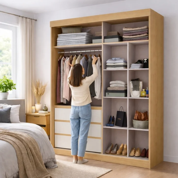 Ropero Armario Bagdá MDF 100% Premium Puertas Mixtas 2 Batientes y 1 Corrediza 3 Cajones y Espejo - Castaño Off White - Roperos y placares, Uruguay | Mulata, vista 3