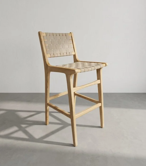 Banqueta en madera teca y cincha náutica beige en Madera natural - Butacas, banquetas y puffs, Uruguay | Entrecasa
