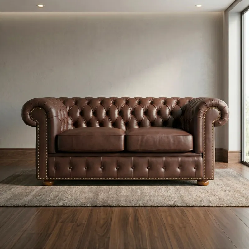 Sillón 100% Cuero - 2 Cuerpos - Chesterfield - Arena en Blanco - Sillones y sofás, Uruguay | Rústico Hogar