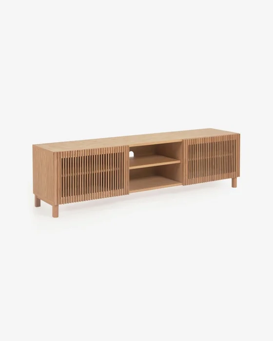 Mueble TV Beyla 2 puertas de madera maciza y chapa de roble 180x49,5 cm FSC 100% FSC 100% en Madera natural - Muebles para TV, Uruguay | Kavehome