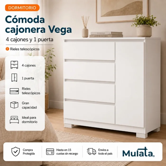 Comoda Cajonera Vega para Dormitorio 4 Cajones con Rieles Telescópicos y 1 Puerta - Blanco en Blanco - Cómodas, Uruguay | Mulata, vista 2