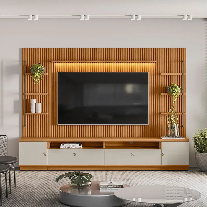Rack con Panel Ouro Listones de madera y Led 268cm MDF/MDP - Muebles para TV, Uruguay | Balton