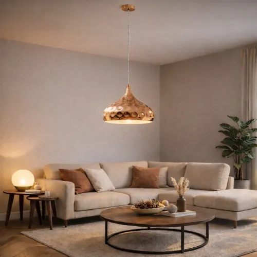 Colgante de aluminio símil cobre martillada, pantalla 28cm E27 en Naranja - Lámparas colgantes, Uruguay | Iluminica