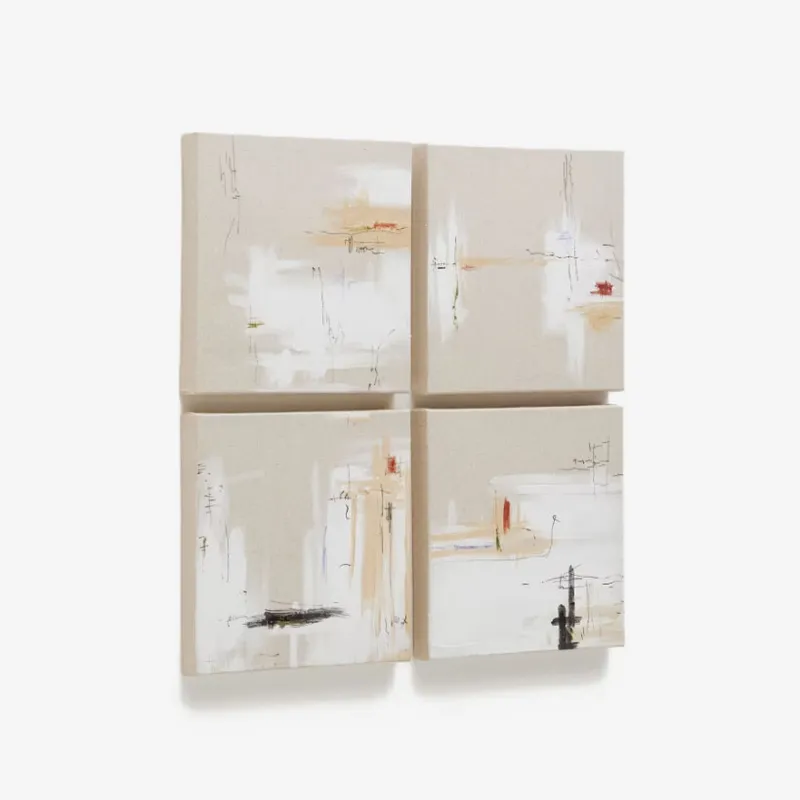 Set Selnir de 4 lienzos de lino blanco y beige 30 x 30 cm en Multicolor - Decoración de pared, Uruguay | Kavehome