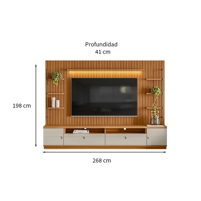 Rack con Panel Ouro Listones de madera y Led 268cm MDF/MDP en Madera natural - Muebles para TV, Uruguay | Balton, vista 7