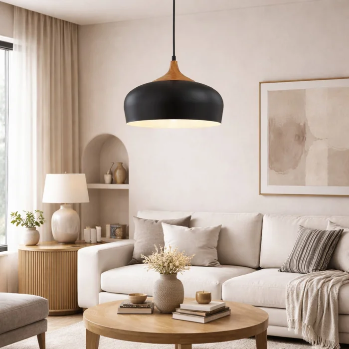 Campana estilo nórdico de aluminio y símil madera - Negra en Negro - Lámparas colgantes, Uruguay | Iluminica, vista 3