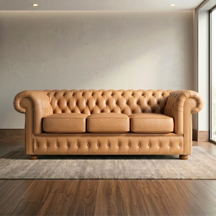 Sillón 100% Cuero - 3 Cuerpos - Chesterfield - Camel en Marrón - Sillones y sofás, Uruguay | Rústico Hogar