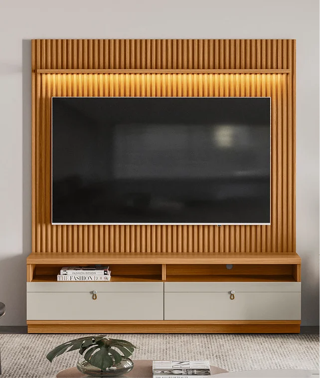 Rack con Panel Ouro Preto Listones de madera y Led 180cm MDF/MDP en Madera natural - Muebles para TV, Uruguay | Balton, vista 7