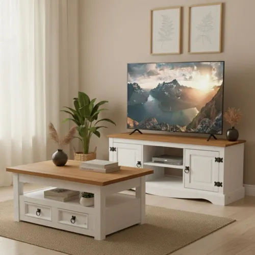 Promo Rack de Tv + Mesa Ratona Articulada Linea Naturale - Blanco/Roble en Multicolor - Muebles para TV, Uruguay | La Cueva Muebles