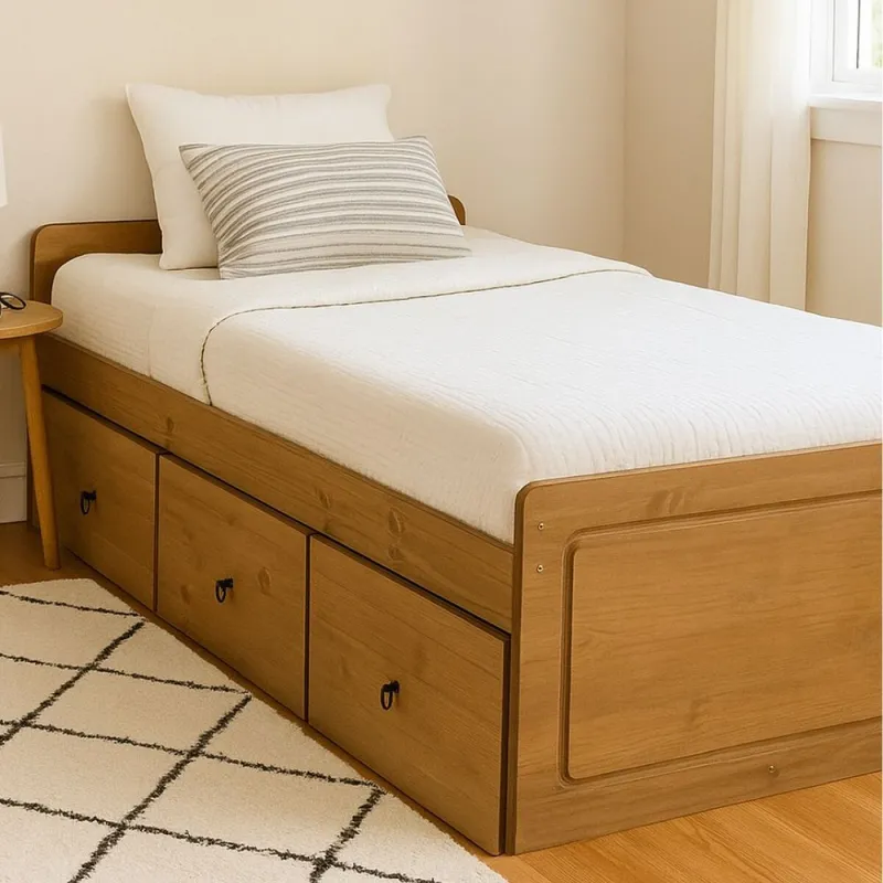 Cama 1 plaza con cajones Linea Naturale - Blanco/Roble en Multicolor - Dormitorio, Uruguay | La Cueva Muebles