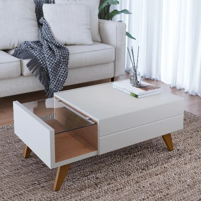 Mesa De Living 1 Cajon Rieles Metalicos Estante De Vidrio en Blanco - Mesas de living, Uruguay | Soy Hogar, vista 5